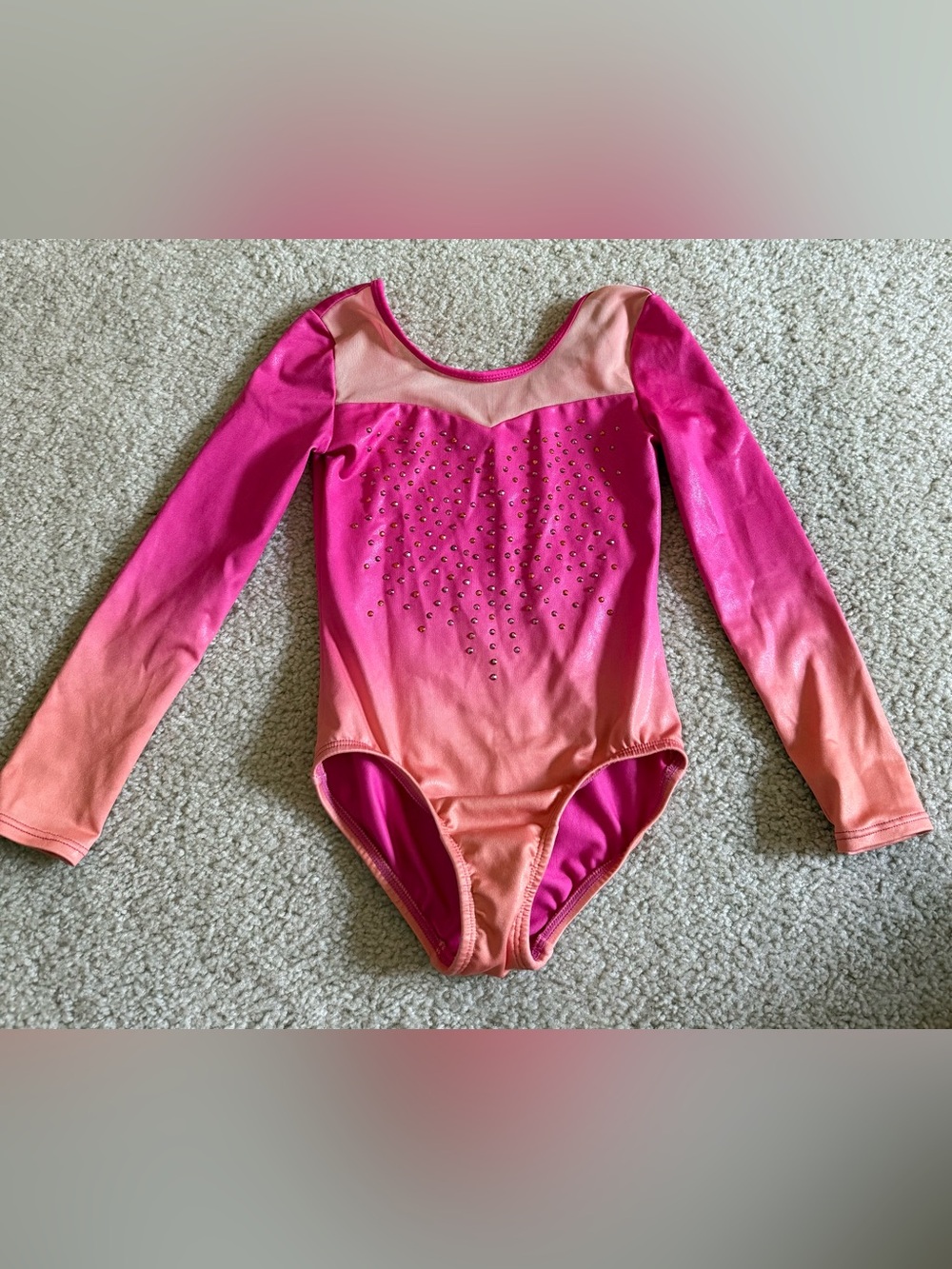 Girls' Pink & Peach Ombre Long-Sleeve Leotard with Rhinestones